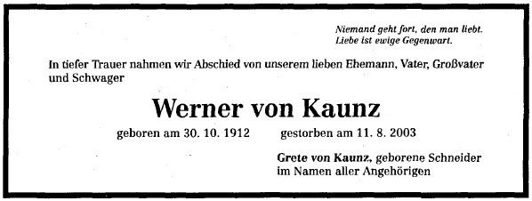 Kaunz Werner 1912-2003 Todesanzeige